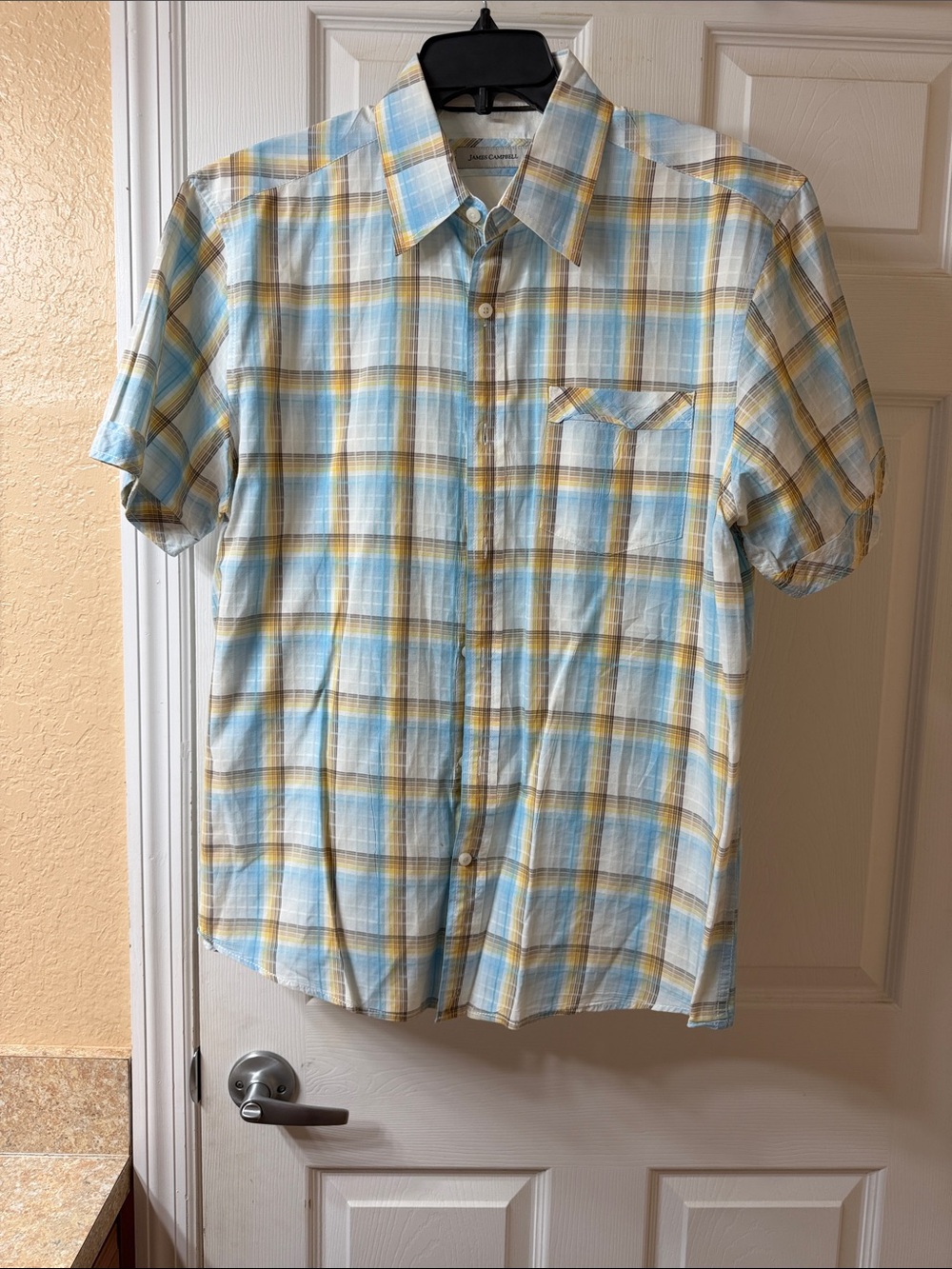 James Campbell Light Blue and Yellow Plaid Short-Sleeve Button-Down